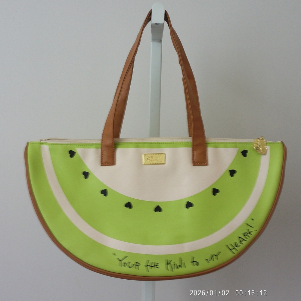 Luv Betsey Faux Leather Quirky Fruit Kiwi Heart Tote Bag Large Green